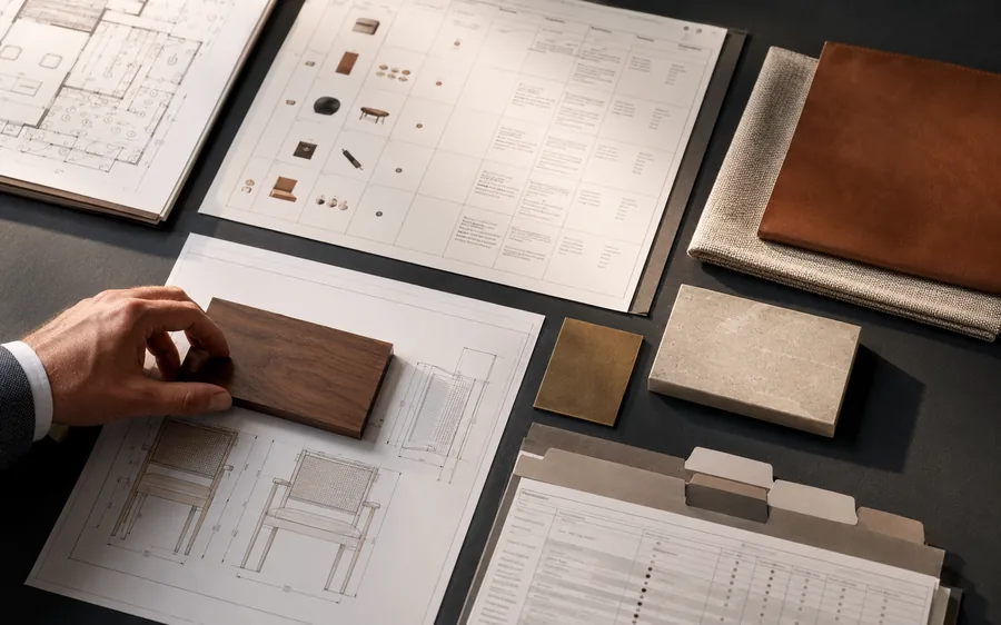 FF&E definition and alignment: floor plans, item specification schedule, and material samples laid out for review