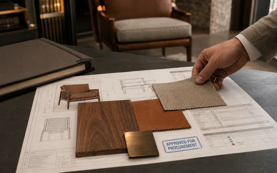 Controlled release: wood, leather, and fabric samples approved against a signed specification record