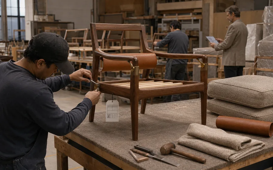 Production and readiness: quality inspection of a finished lounge chair in the receiving warehouse